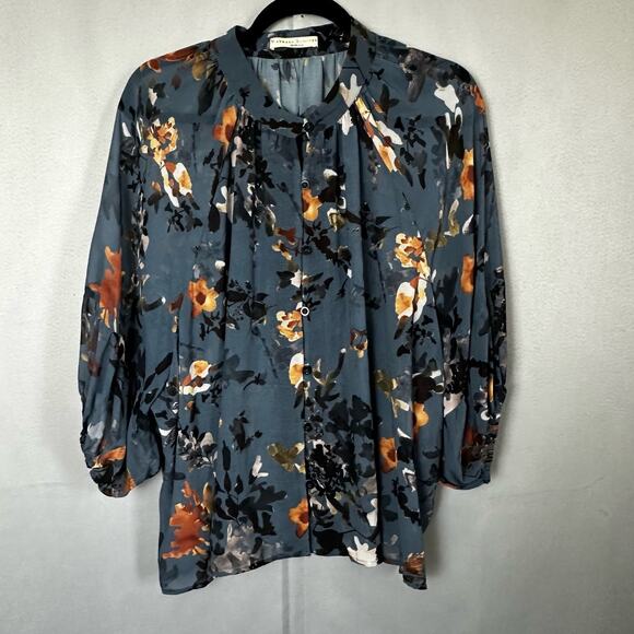 Women's Wayward Fancies Eshakti Blue Floral Sheer Button Up Blouse Career- 2X - Picture 1 of 5
